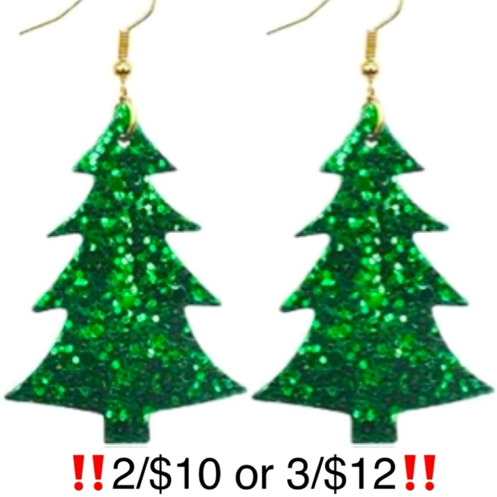 Christmas Tree Earrings Green Glitter Dangling Faux Leather Holiday Novelty